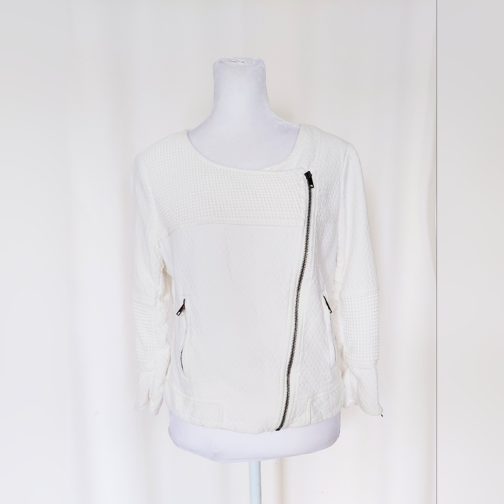 Sanctuary Clothing Textured Zip Up Asymmetrical Moto Jacket Ivory Size Small